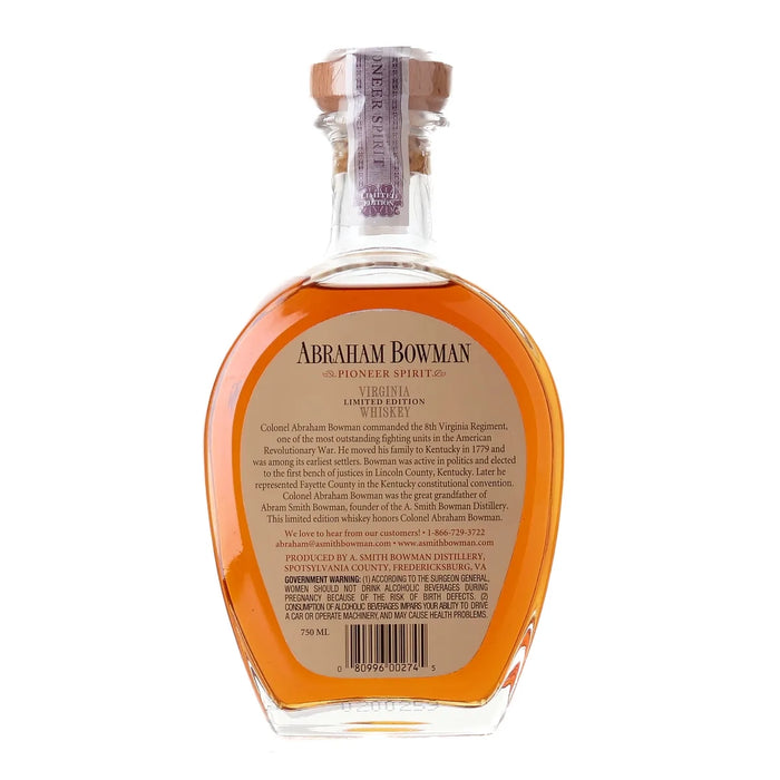 Abraham Bowman 1st Release Virginia Rye Whiskey 750ml back