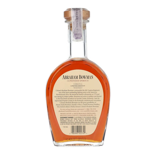 Abraham Bowman 7 Year Old Double Barrel Virginia Bourbon 750ml back