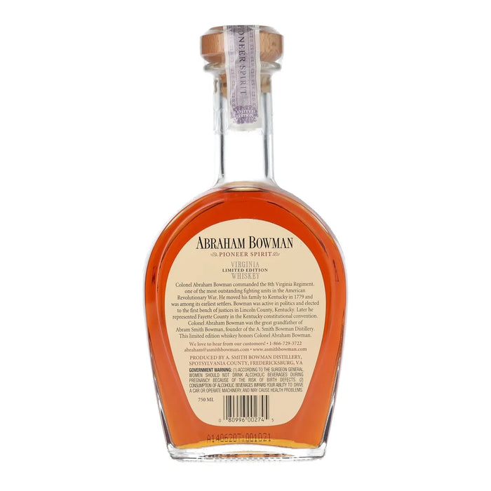 Abraham Bowman 7 Year Old Double Barrel Virginia Bourbon 750ml back