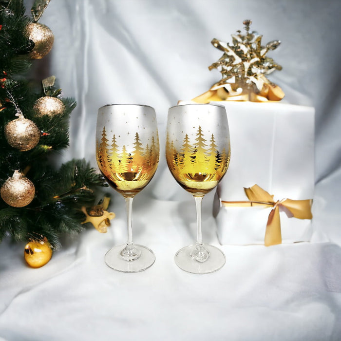 Gold Pine Tree Wine Glasses