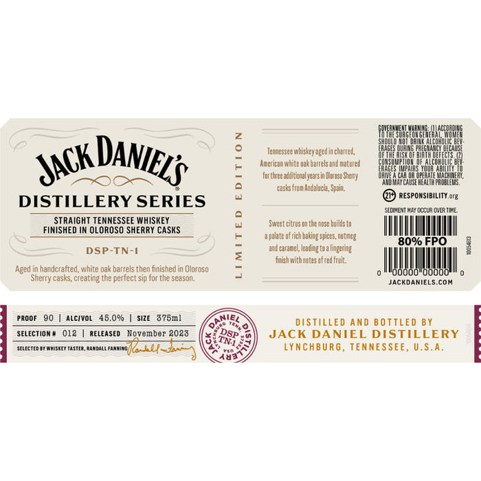 Jack Daniel's Series No. 12 Oloroso Sherry Casks Finish Whiskey 375ml Label
