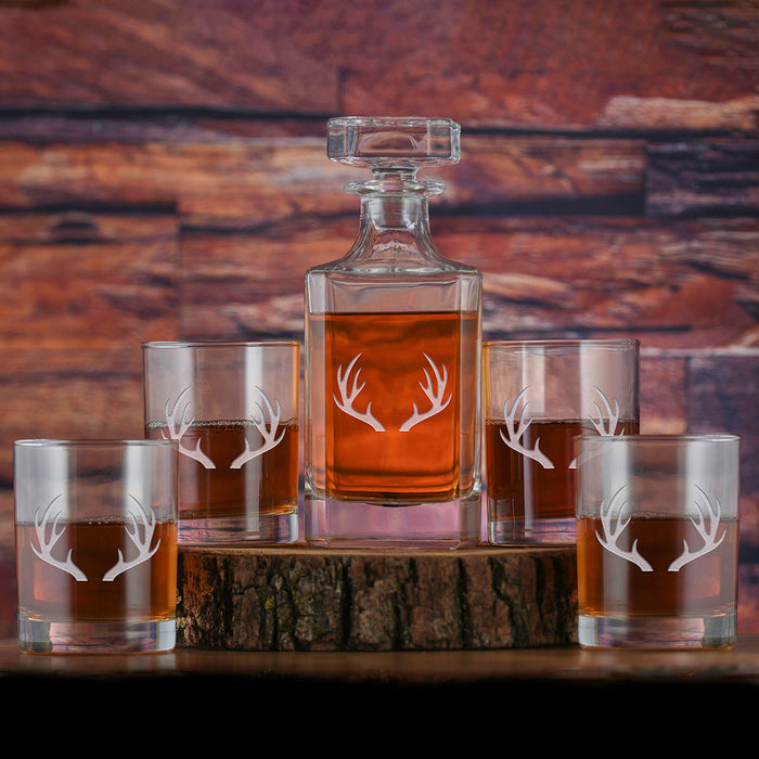 Rustic Antlers Whiskey Decanter and Glasses Gift Set of 5