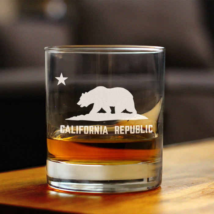 California Flag Whiskey Rocks Glass - State Themed Drinking Decor and Gifts for Californian Women & Men - 10.25 Oz Whisky Tumbler Glasses