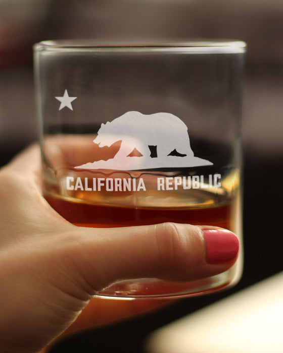 California Flag Whiskey Rocks Glass - State Themed Drinking Decor and Gifts for Californian Women & Men - 10.25 Oz Whisky Tumbler Glasses