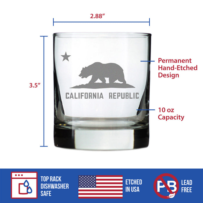 California Flag Whiskey Rocks Glass - State Themed Drinking Decor and Gifts for Californian Women & Men - 10.25 Oz Whisky Tumbler Glasses