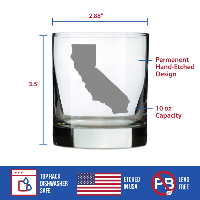 California State Outline Whiskey Rocks Glass - State Themed Drinking Decor and Gifts for Californian Women & Men - 10.25 Oz Whisky Tumbler Glasses