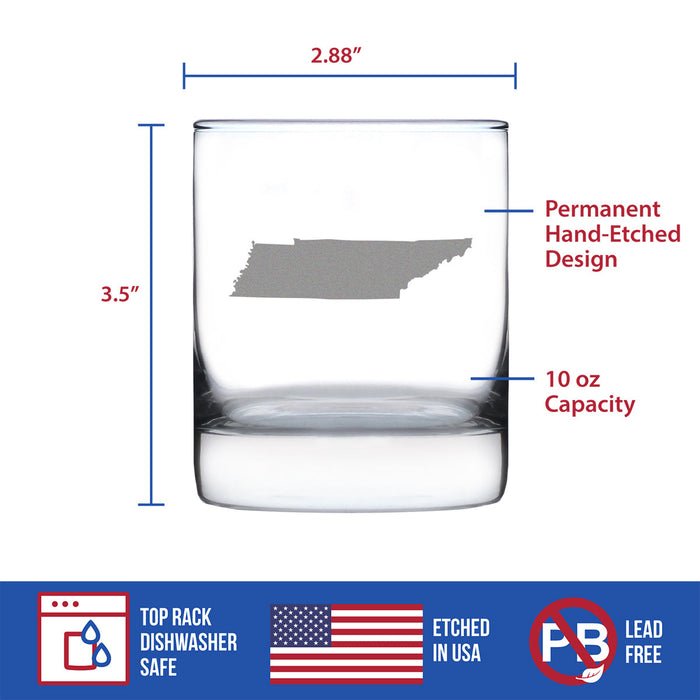 Tennessee State Outline Whiskey Rocks Glass - State Themed Drinking Decor and Gifts for Tennesseean Women & Men - 10.25 Oz Whisky Tumbler Glasses