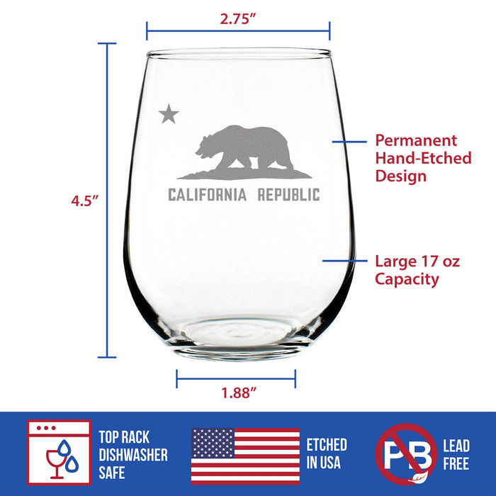 California Flag Stemless Wine Glass - State Themed Drinking Decor and Gifts for Californian Women & Men - Large 17 Oz Glasses