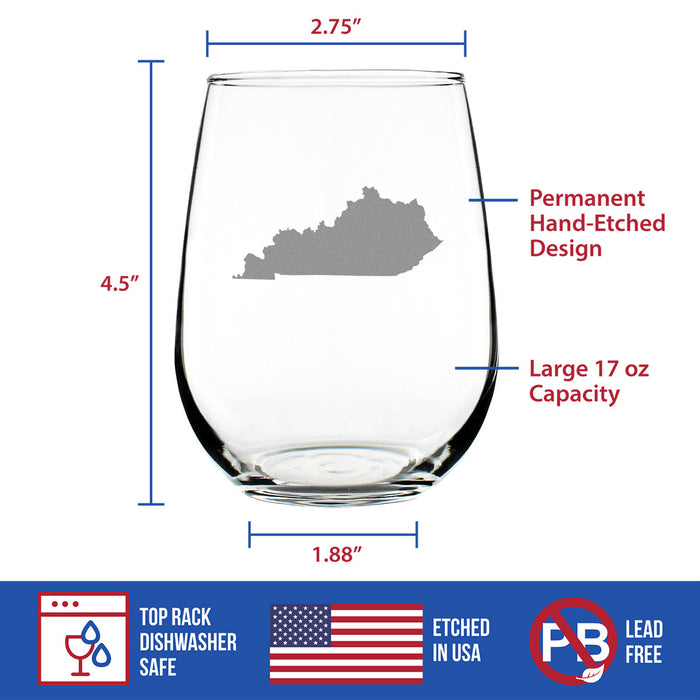 Kentucky State Outline Stemless Wine Glass - State Themed Drinking Decor and Gifts for Kentuckian Women & Men - Large 17 Oz Glasses