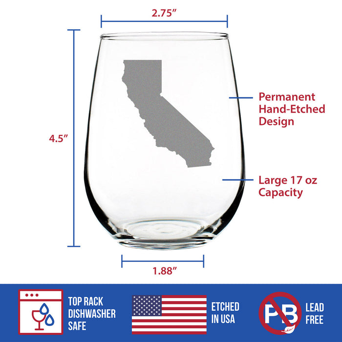 California State Outline Stemless Wine Glass - State Themed Drinking Decor and Gifts for Californian Women & Men - Large 17 Oz Glasses