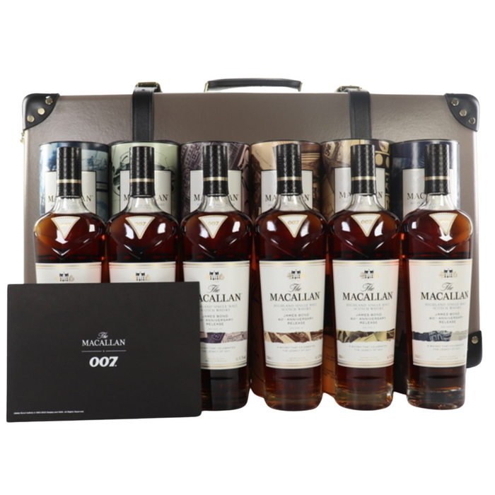 Macallan James Bond 60th Anniversary Release Decade I-VI Complete Collection Bundle 700ml 6-Pack With Globe-Trotter Case & Prints