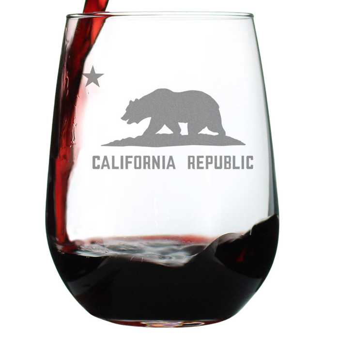 California Flag Stemless Wine Glass - State Themed Drinking Decor and Gifts for Californian Women & Men - Large 17 Oz Glasses