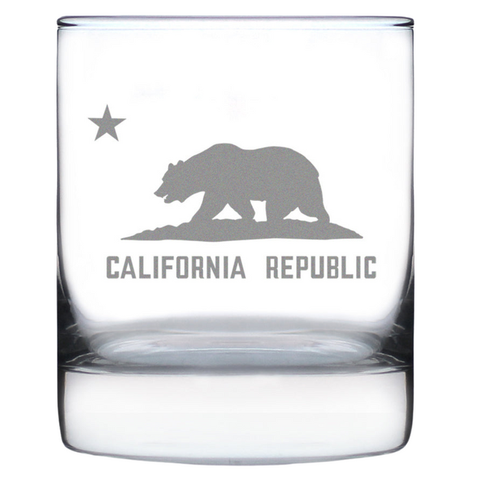 California Flag Whiskey Rocks Glass - State Themed Drinking Decor and Gifts for Californian Women & Men - 10.25 Oz Whisky Tumbler Glasses