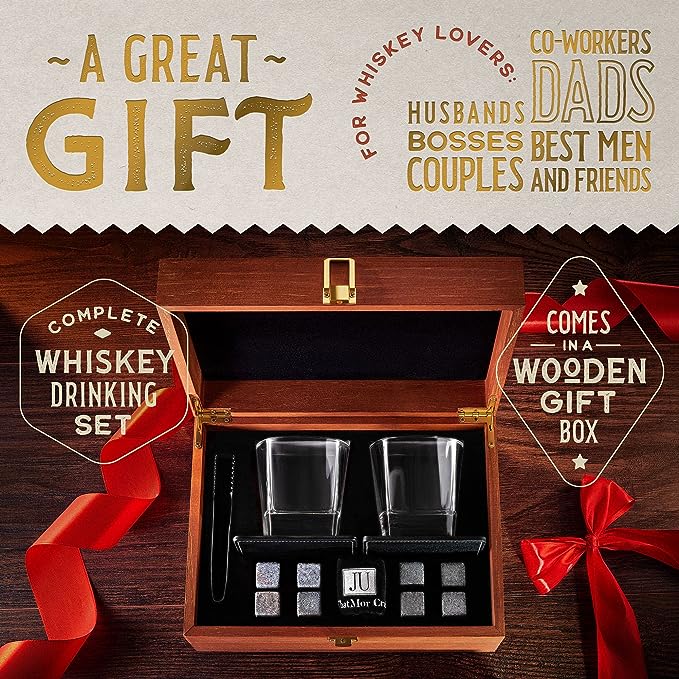 Coffret Cadeau Whisky Et Verre Whisky - 8 Roches Whisky Basalte + 2 Verres  dans Une Boîte en Bois - Excellent Cadeau pour La Fête des Pères