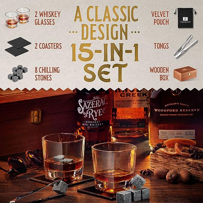 Whiskey Gift Set in Wood Box, Set of 2 Classic-Shape Whiskey Glasses, 8 Chilling Stones, Pouch, 2 Coasters & Tongs