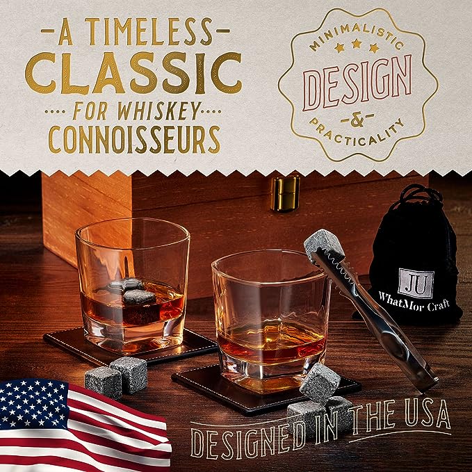 Whiskey Gift Set in Wood Box, Set of 2 Classic-Shape Whiskey Glasses, 8 Chilling Stones, Pouch, 2 Coasters & Tongs