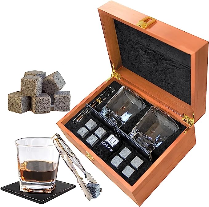 Coffret Cadeau Whisky Et Verre Whisky - 8 Roches Whisky Basalte + 2 Verres  dans Une Boîte en Bois - Excellent Cadeau pour La Fête des Pères