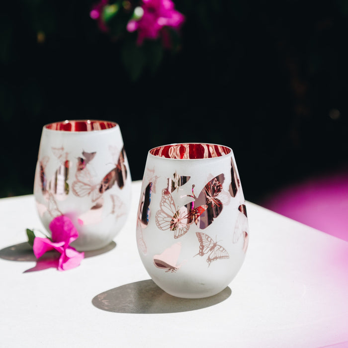 Pink Butterfly Stemless Glasses