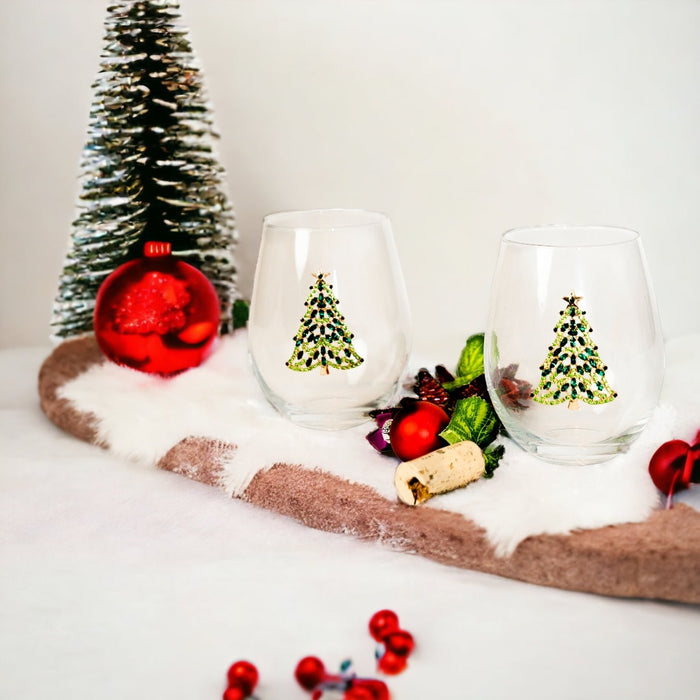 Bedazzled Christmas Tree Stemless Glasses