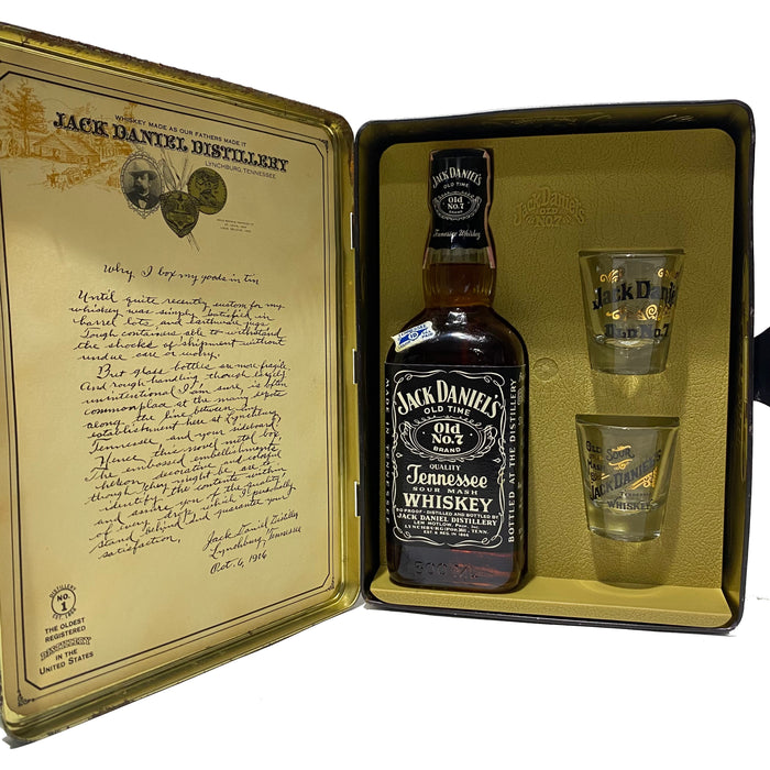 1983 Jack Daniel's Old No. 7 Tin Set With Shot Glasses Sour Mash Tennessee Whiskey 500ml